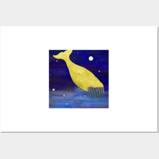 Abstract whale in night sky - golden stars Posters and Art